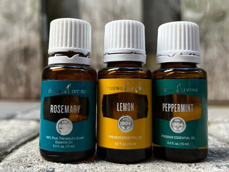 Essential oil bottles in row of rosemary, lemon and peppermint which are natural remedies for focus. 