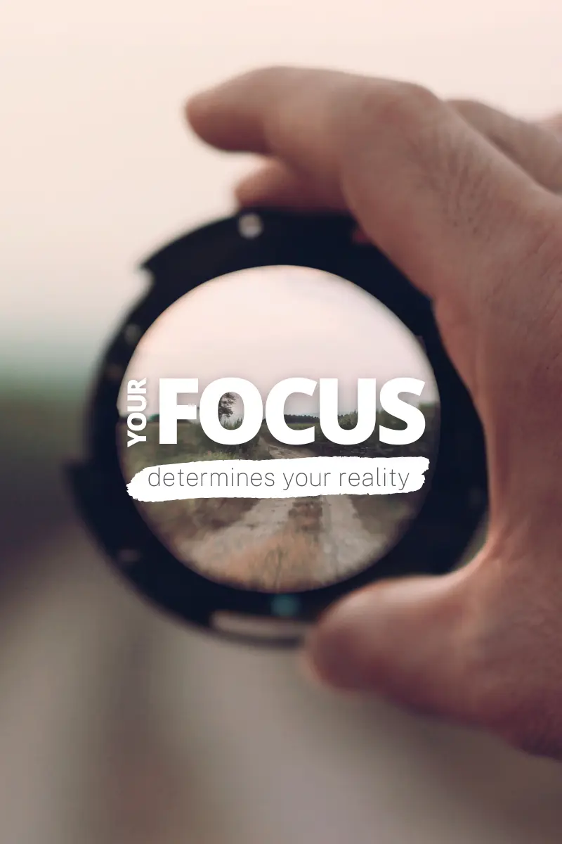 Hand holding a camera lens with the phrase 'Your focus determines your reality' displayed in the center.