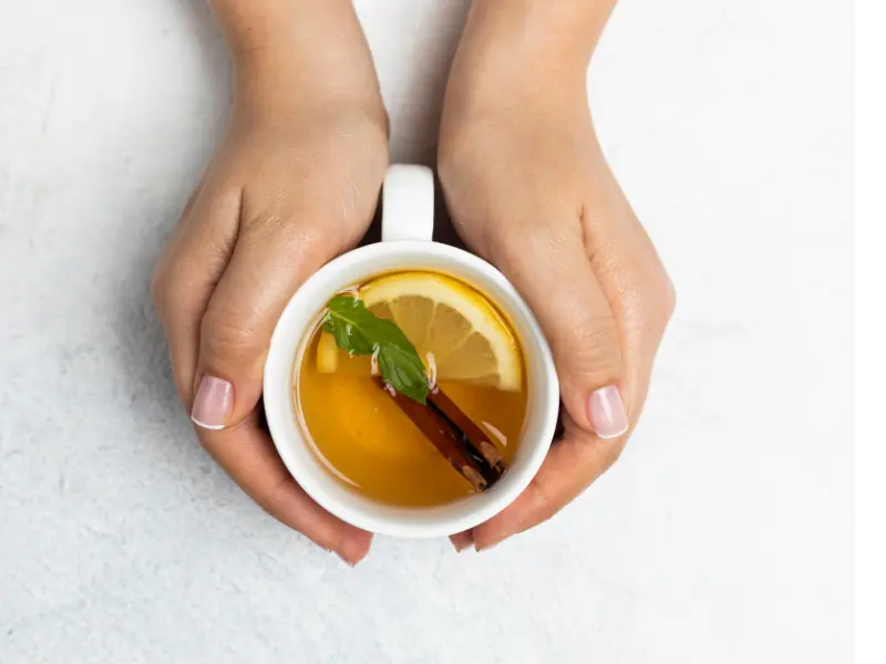 Hands holding a cup of herbal tea, slice of lemon and a cinnamon stick.