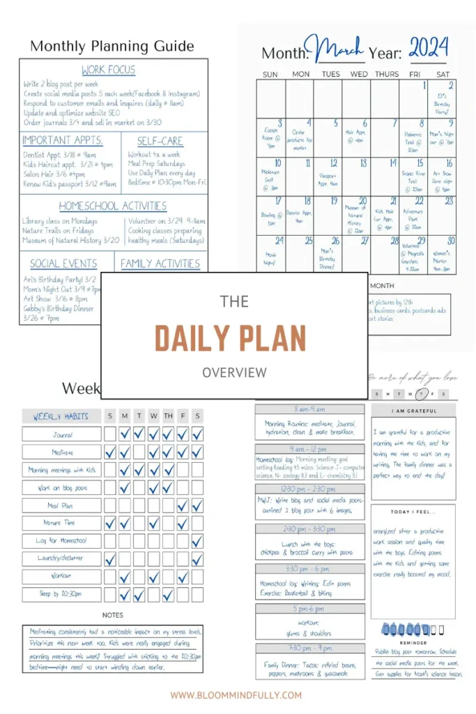 A comprehensive planner layout with sections for monthly planning, weekly habits, and daily activities. The monthly section includes a calendar with events like birthdays and appointments, while the weekly habits section tracks tasks such as journaling, exercise, and meal planning. The daily overview provides space for a detailed schedule, gratitude, feelings, and reminders. The planner, titled "The Daily Plan Overview," is designed to help busy individuals stay organized and mindful throughout the month, week and day. The website www.bloommindfully.com is noted at the bottom.