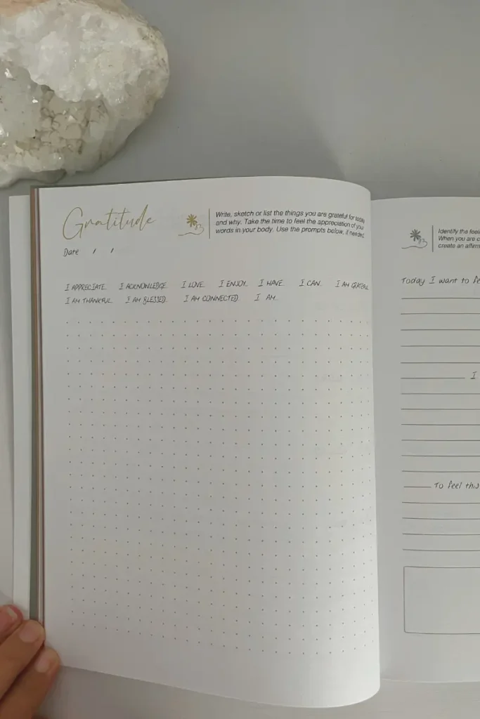 Journal opened to the gratitude page.