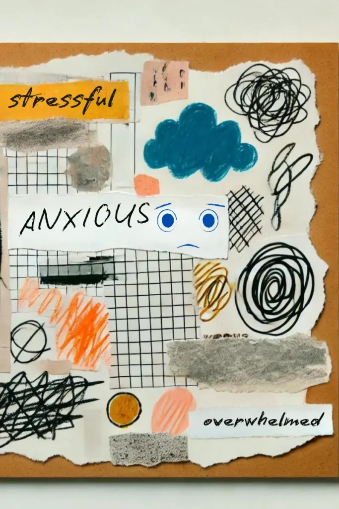 A handmade collage on a poster board representing anxiety and feeling overwhelmed, featuring words like 'anxious' and scribbled drawings in various colors.