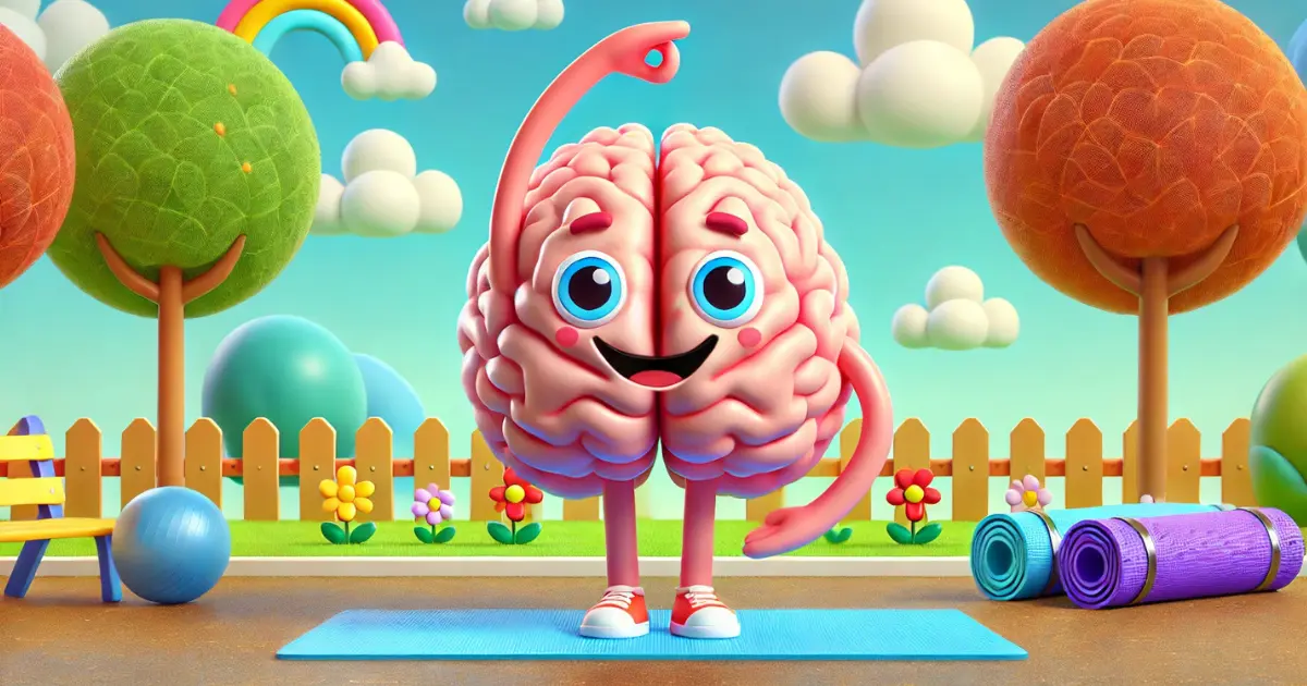 3D cartoon-style image of a smiling brain character standing on a yoga mat, surrounded by a colorful, outdoor scene with trees, flowers, a rainbow, and fitness equipment like a yoga mat and stability ball. The brain has arms raised in a playful, welcoming pose.