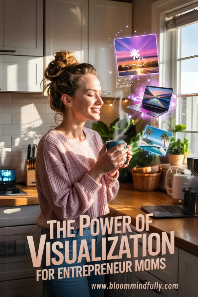 A smiling entrepreneur mom stands in a sunny kitchen, visualizing her goals—represented by floating images of travel, a laptop, and nature—highlighting the power of visualization in daily life.