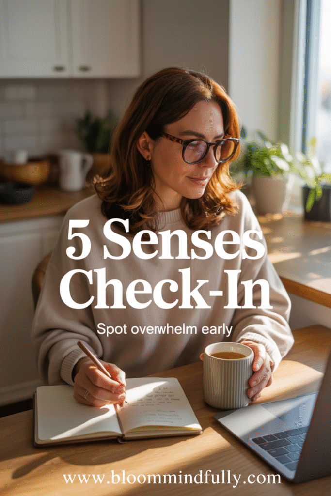 Woman sitting at a kitchen table writing in a notebook with coffee in hand and sunlight streaming in, practicing a five senses check-in for calm and living with mindfulness.