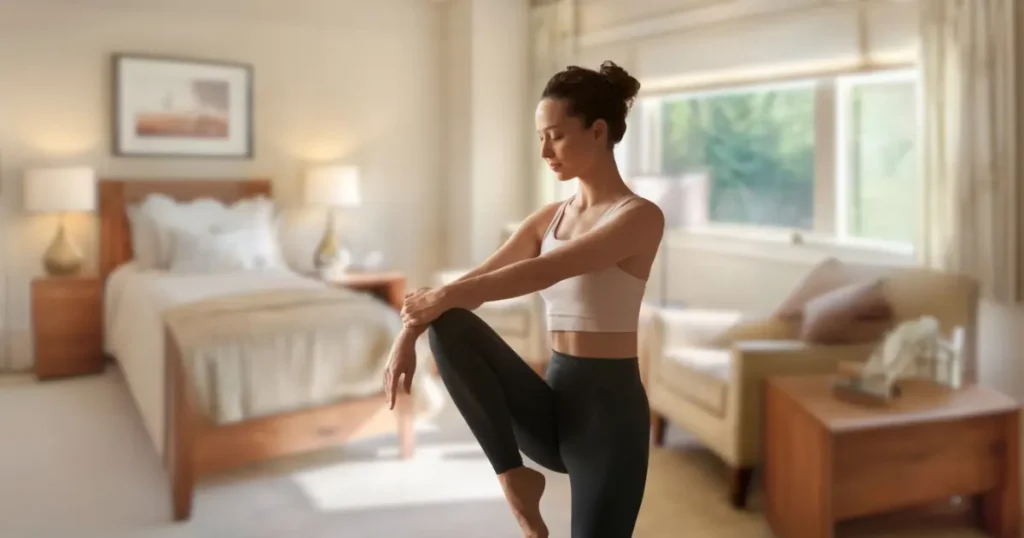 A woman practicing mindful movement in a serene bedroom, balancing on one leg while holding her knee. The soft lighting and cozy setting enhance the body stress release and mind-body connection.