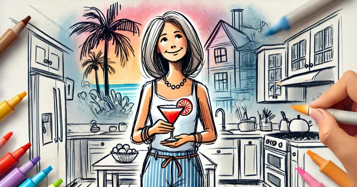 A hand-drawn illustration of a woman with gray hair, smiling and holding a cocktail with a citrus slice. She stands in a kitchen with beach views, including a palm tree and ocean in the background. The scene blends vibrant colors and sketch-style elements, with hands holding colored markers visible at the edges.