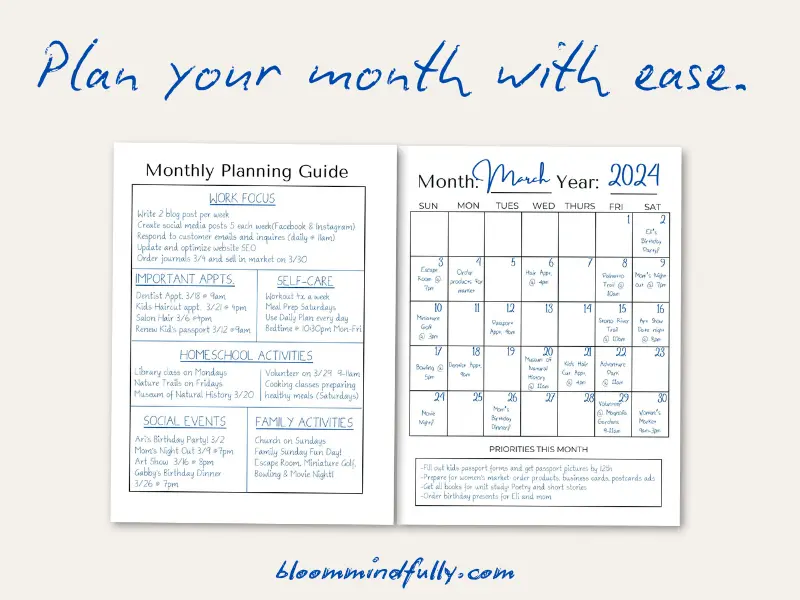 Monthly Planning Guide and Calendar for March 2024 showing homeschool and personal tasks, including work focus, appointments, and family activities.