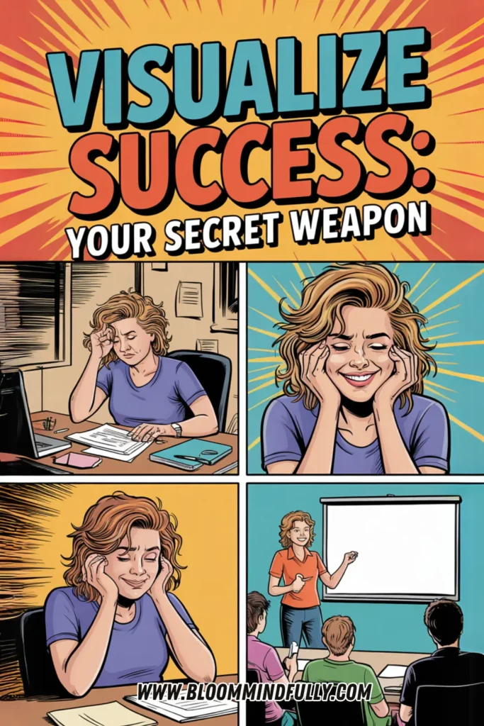 Comic-style illustration showing a woman transforming stress into confidence using the power of visualization to achieve a success mindset. Ends with her confidently giving a presentation.