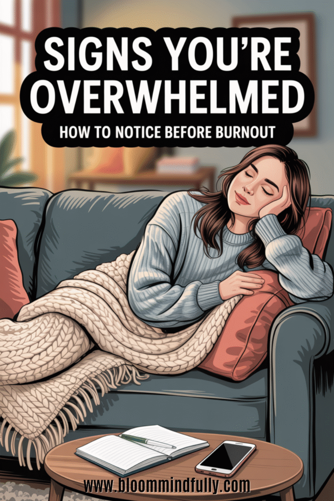Illustration of a woman resting on a sofa under a chunky knit blanket with a notebook nearby, showing how using your senses can help find calm and support living with mindfulness.