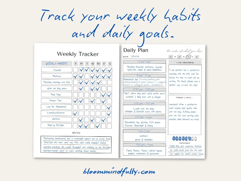 Weekly Tracker and Daily Plan with time-blocked tasks, habit tracking, and space for gratitude and emotions for organized homeschool planning.