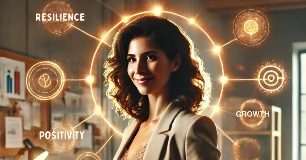 A confident woman with a radiant smile stands in a modern office, surrounded by glowing visual elements with words like "Resilience," "Growth," and "Positivity," symbolizing her mindset mastery.