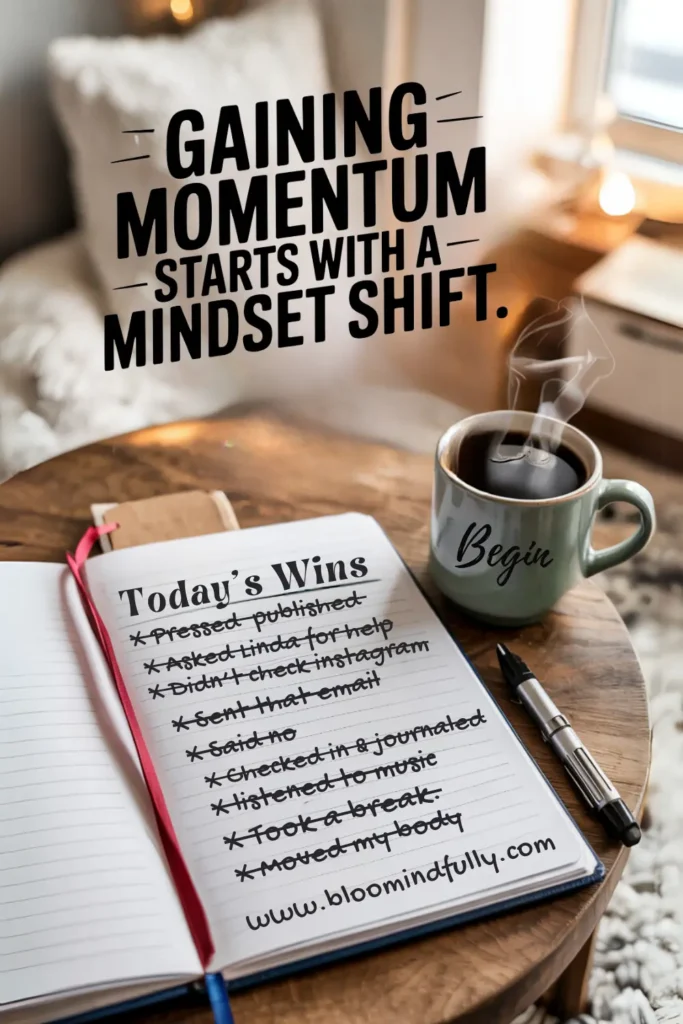 Open journal listing daily wins like "Said no" and "Moved my body," with a coffee mug labeled "Begin" and the quote "Gaining momentum starts with a mindset shift." Cozy mom entrepreneur morning vibe.