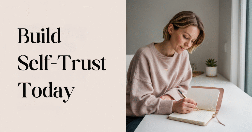 Entrepreneur mom journaling at a sunlit desk, reflecting on her journey to build self-trust. Text overlay says “Build Self-Trust Today,” symbolizing how to overcome imposter syndrome and self-doubt through daily mindset practices.