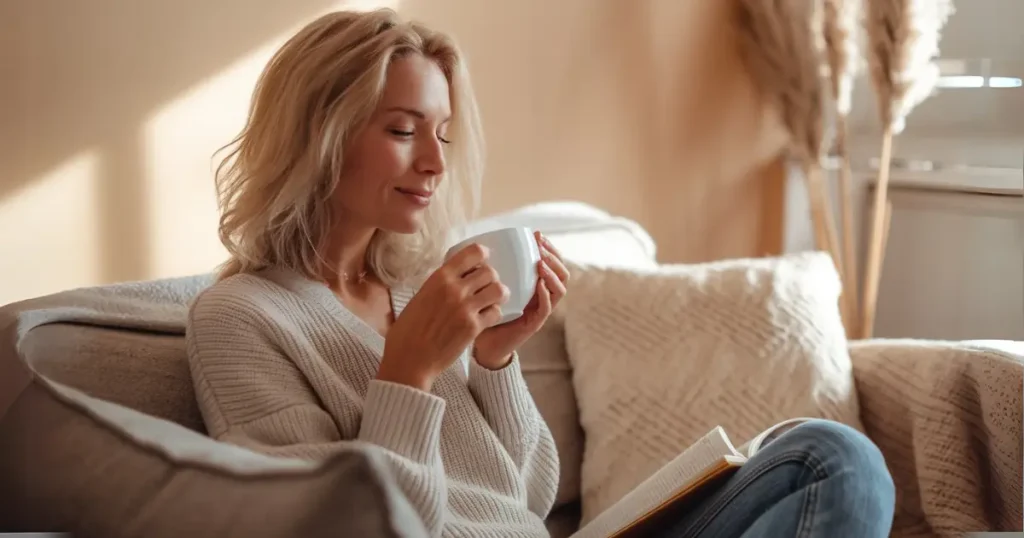 A woman enjoys a quiet moment on the couch, sipping tea and reading a book in a cozy, sunlit space. A perfect example of simple mindfulness practices for a balanced life for moms.