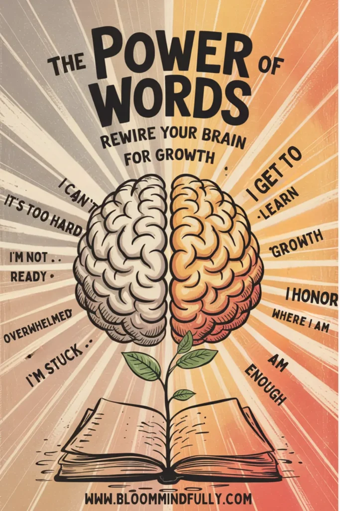 Split-brain illustration growing from a book, showing negative thoughts on one side and empowering phrases like “I get to learn” on the other, under the title “The Power of Words.” Highlights how using positive language helps rewire your brain and embrace a growth mindset.