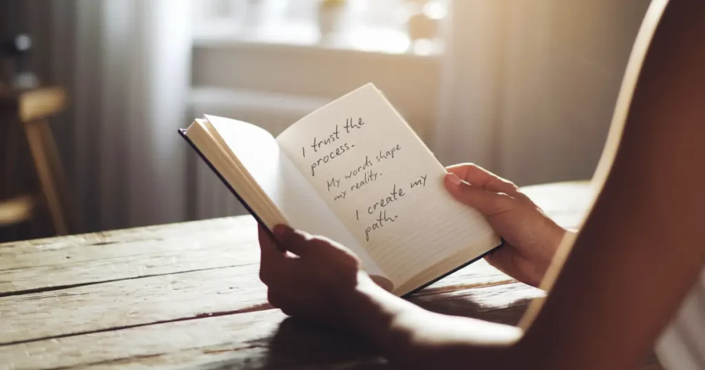 A person holds an open journal with handwritten affirmations: "I trust the process. My words shape my reality. I create my path." Sunlight streams through a window, creating a warm, reflective atmosphere. This image represents the power of words in rewiring the brain and fostering a growth mindset through journaling.