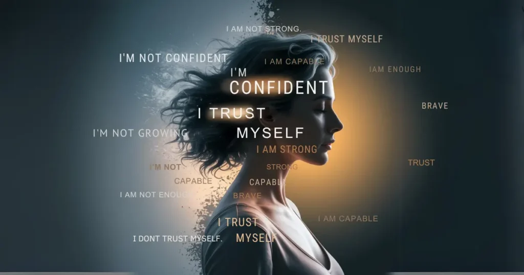 A woman with her eyes closed stands in a dramatic light shift, symbolizing a mindset shift from self-doubt to confidence. Negative phrases fade into the dark background while empowering affirmations like "I'm confident" and "I trust myself" glow in the light, representing the power of conscious language in rewriting your story and transforming self-concept.