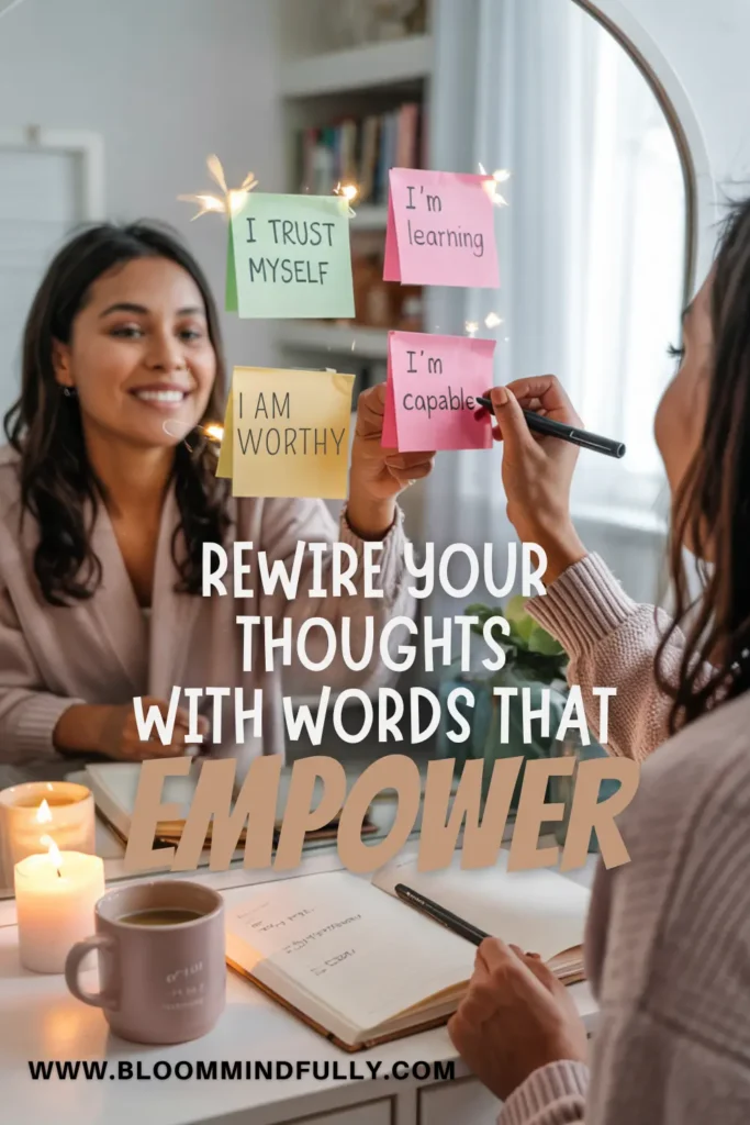 A woman writes sticky note affirmations like “I trust myself” and “I’m capable” on a mirror, with the text “Rewire your thoughts with words that empower.” A calming visual emphasizing how the power of words supports a growth mindset and helps rewire your brain.
