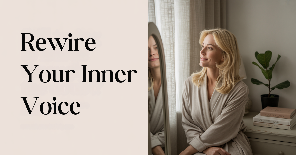 Mom in soft robe gazing into mirror with gentle smile, reflecting on inner dialogue and working to rewrite her anxious brain and negative self-talk.