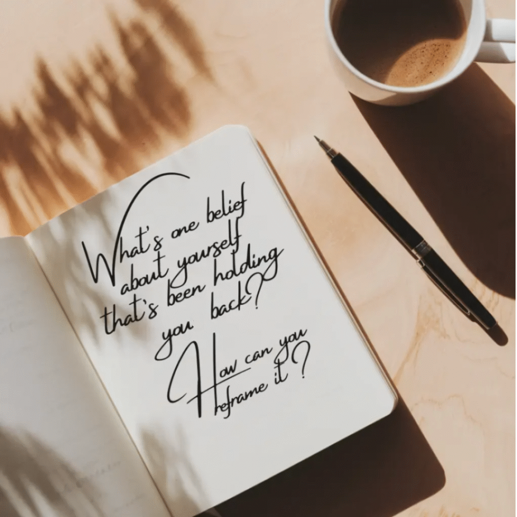 An open journal with the handwritten prompt: "What's one belief about yourself that's been holding you back? How can you reframe it?" A coffee cup and pen sit nearby, journal prompt to help rewire your anxious brain and stop negative self-talk
