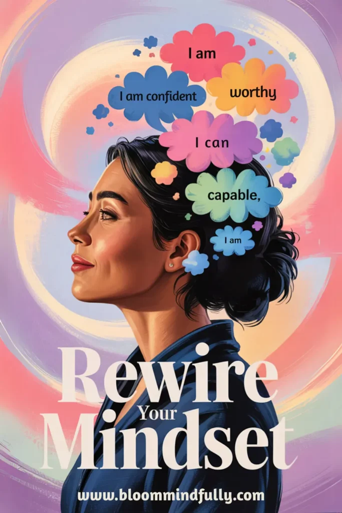 Colorful affirmations like “I am confident” and “I am worthy” swirl around a woman’s head, symbolizing a mindset shift and personal growth.
