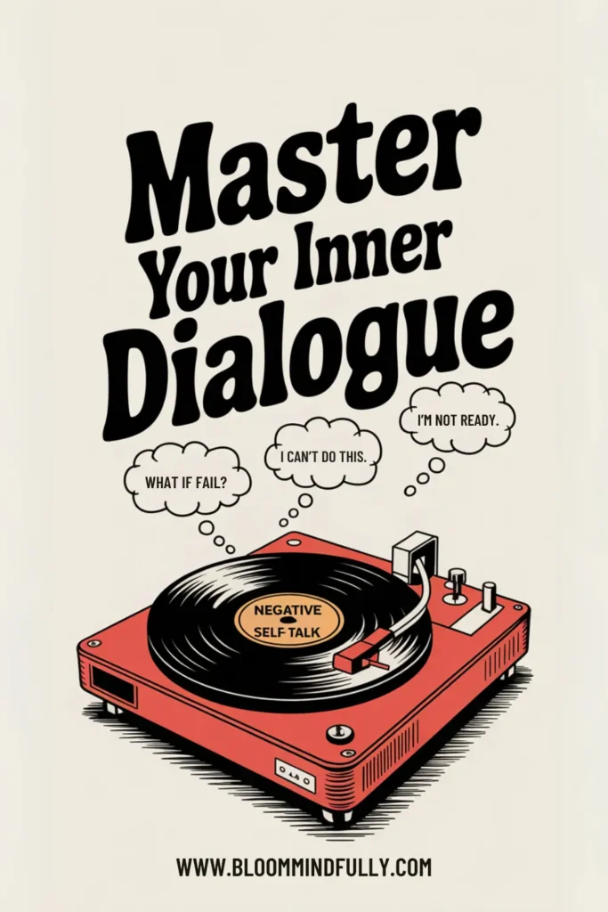 Illustration of a red record player spinning a vinyl labeled “Negative Self-Talk,” with thought bubbles saying “What if I fail?”, “I can’t do this,” and “I’m not ready.” The bold heading reads “Master Your Inner Dialogue,” encouraging viewers to rewire their anxious brain by recognizing negative self-talk loops.