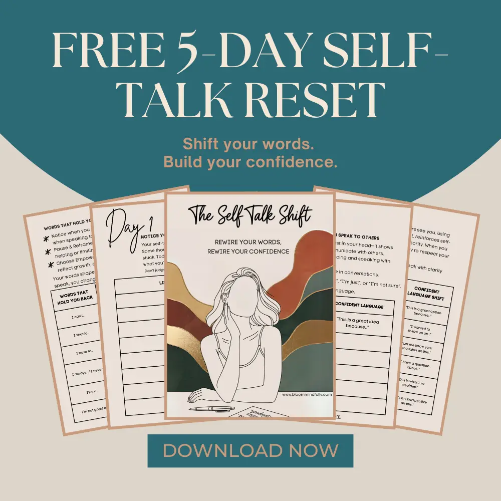 Promotional graphic for a free 5-day self-talk reset guide titled "The Self-Talk Shift," featuring a faceless illustration of a woman writing affirmations, surrounded by worksheet pages on mindset and confidence-building. Taglines include “Shift your words. Build your confidence,” with a call-to-action button that says “Download Now”—ideal for entrepreneur moms seeking a mindset shift, conscious communication, and a success mindset to speak with confidence.