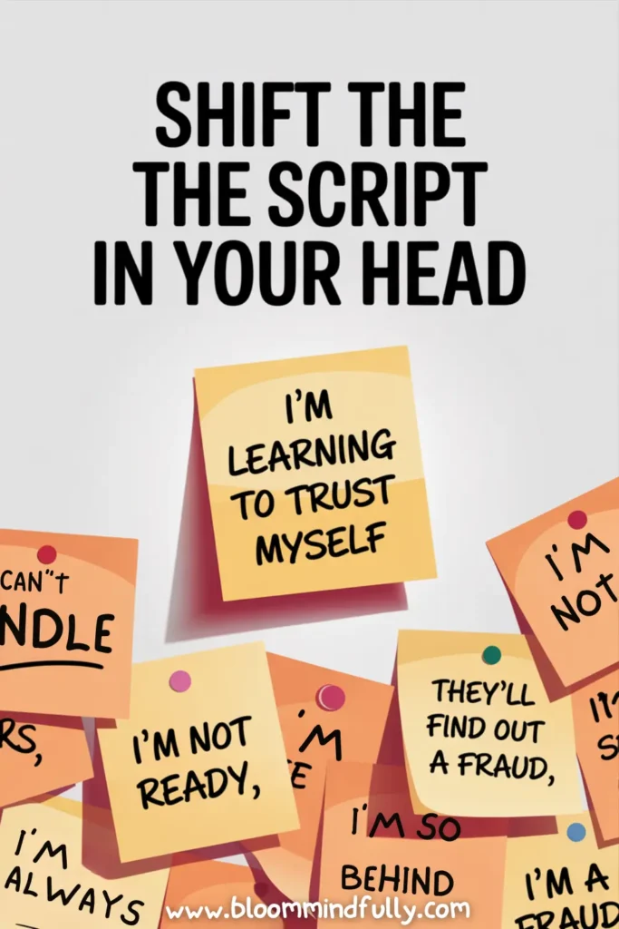 Sticky notes displaying anxious thoughts like “I’m not ready” and “They’ll find out I’m a fraud,” with a central note stating, “I’m learning to trust myself.” The phrase “Shift the script in your head” suggests overcoming negative self-talk and transforming inner dialogue to rewire your anxious brain.
