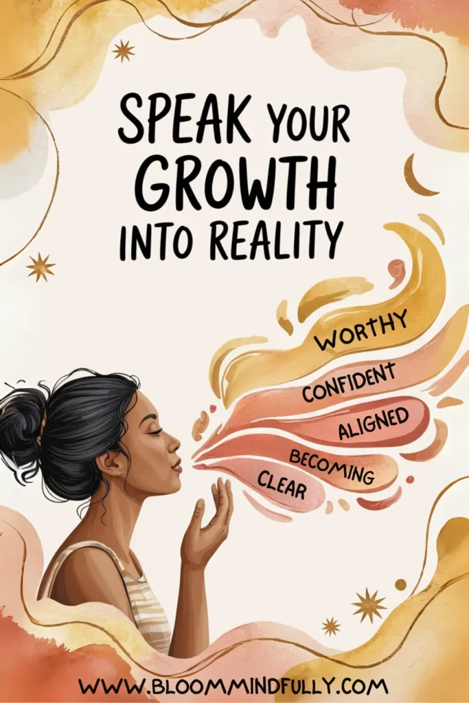 Illustration of a woman with closed eyes speaking affirming words like “worthy,” “confident,” and “aligned” into colorful swirls, with the phrase “Speak your growth into reality.” Promotes the power of words and a growth mindset to rewire your brain positively.