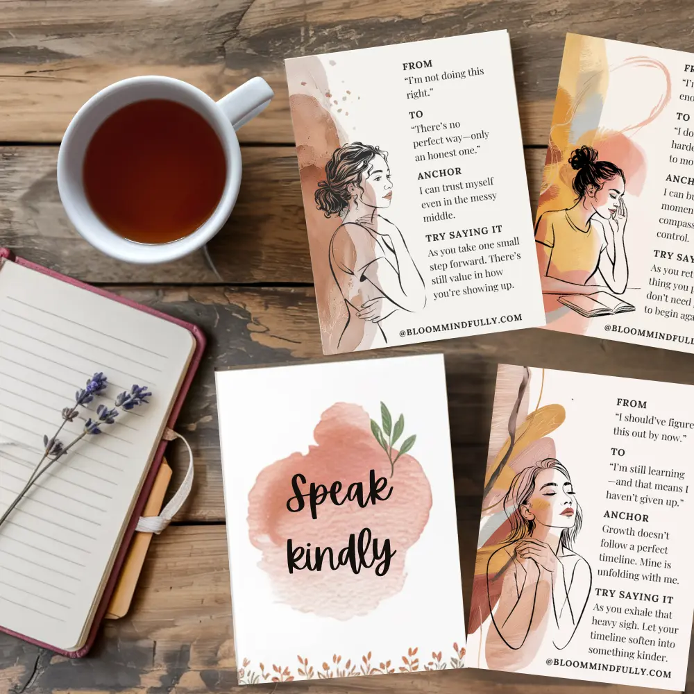 Flat lay of illustrated self-talk cards for mindset shifts, with messages aimed at overwhelmed moms dealing with productivity guilt. One card reads “Speak kindly,” while others feature supportive phrases to reframe negative thoughts with encouragement and self-trust.