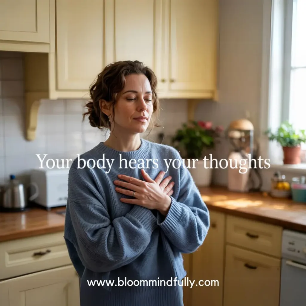 An entrepreneur mom stands with hands on her chest in a quiet kitchen, eyes closed in self-connection, beside the text “Your body hears your thoughts,” illustrating the link between self-talk and nervous system regulation.