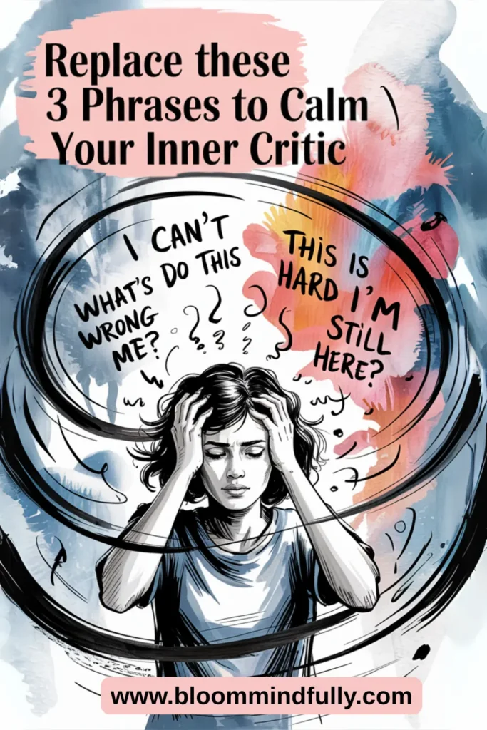 Illustrated woman holding her head in distress as negative self-talk like “I can’t do this” swirls around her, contrasted with gentle affirmations—offering a visual path toward rewiring your brain and calming the inner critic.