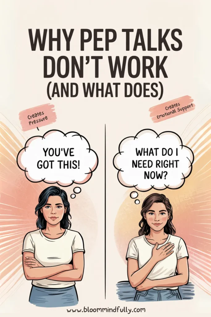 Illustration showing two women—one hearing “You’ve got this!” under pressure, and another asking “What do I need right now?”—highlighting how emotional support builds resilience and a healthier mindset for overwhelmed moms.