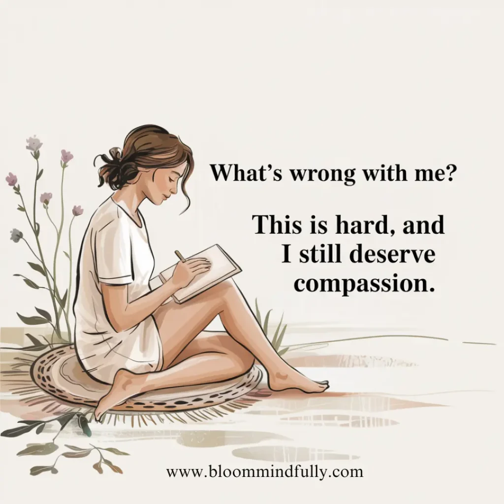 Illustration of a woman journaling on a mat beside the quote, “This is hard, and I still deserve compassion,” offering a moment of reflection to counter negative self-talk and nurture a growth mindset.