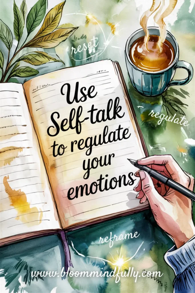 Colorful illustration of a hand writing in a journal surrounded by nature and tea, with the message “Use self-talk to regulate your emotions,” highlighting mindfulness and emotional regulation for overwhelmed moms.