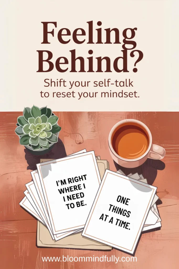 A calming flat lay illustration with motivational cards reading “I’M RIGHT WHERE I NEED TO BE” and “ONE THINGS AT A TIME,” next to a succulent and a warm cup of tea. A gentle reminder for overwhelmed moms to embrace a mindset shift and release productivity guilt.