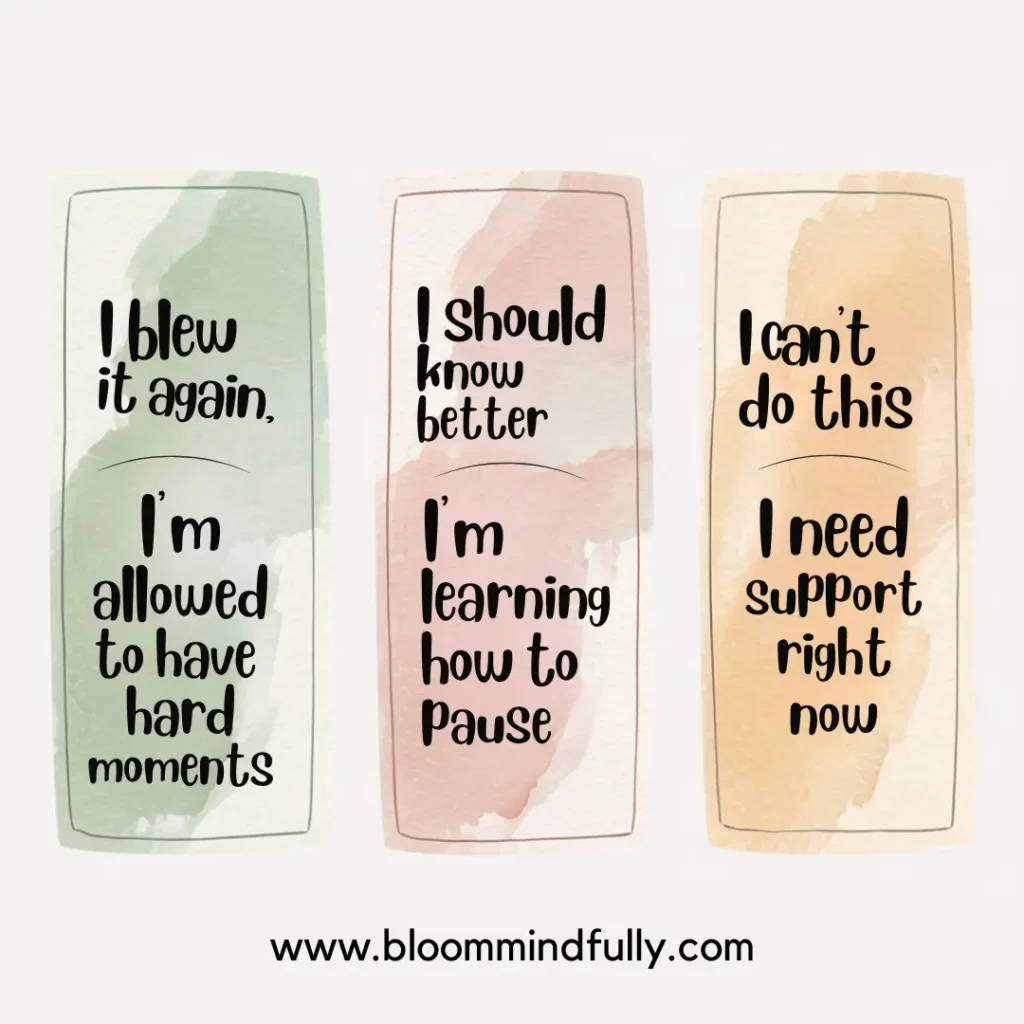 Illustrated calming tips like "Hand on Heart" and "Name the Moment" for self-talk during frustration, helping overwhelmed moms connect with a compassionate inner voice.