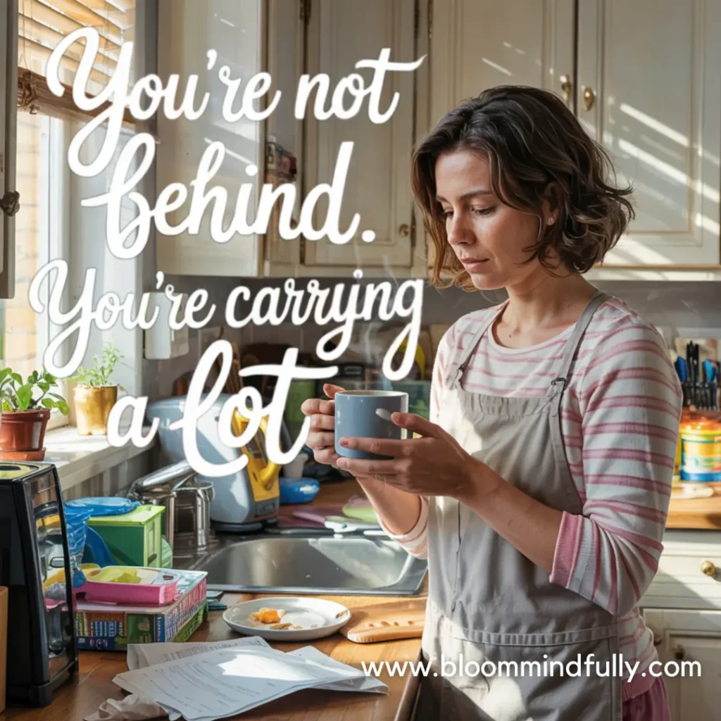 A tired mom stands in a cluttered kitchen holding a mug, with the quote “You’re not behind. You’re carrying a lot,” offering a compassionate mindset shift for overwhelmed moms dealing with productivity guilt.