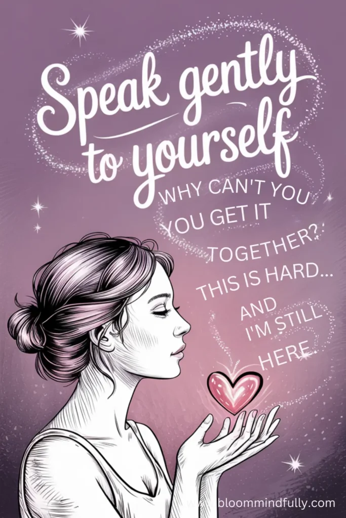 Artistic image of a woman holding a glowing pink heart, with gentle affirmations and negative self-talk phrases, emphasizing the power of words and self-talk for overwhelmed moms.