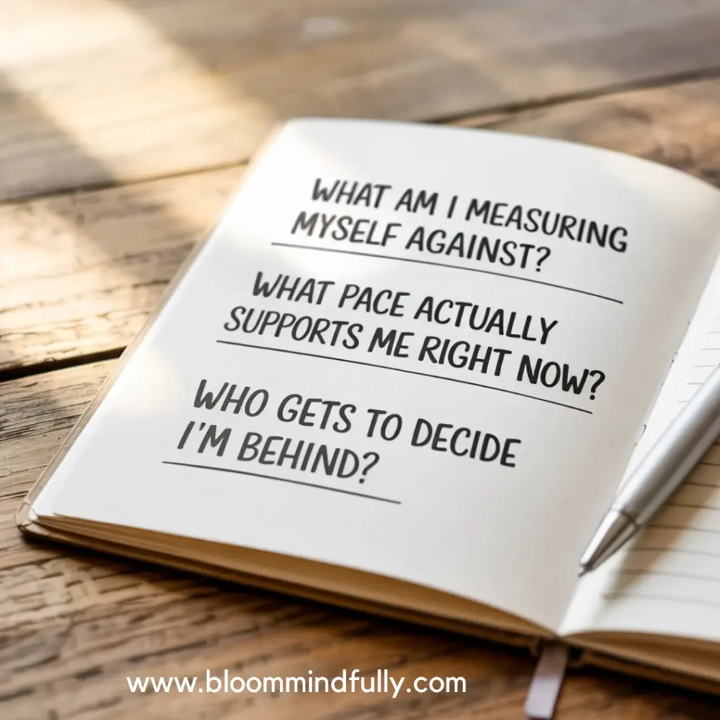 A journal on a wooden table asks self-reflective questions like “Who gets to decide I’m behind?” helping overwhelmed moms question productivity guilt and adopt a mindset shift.