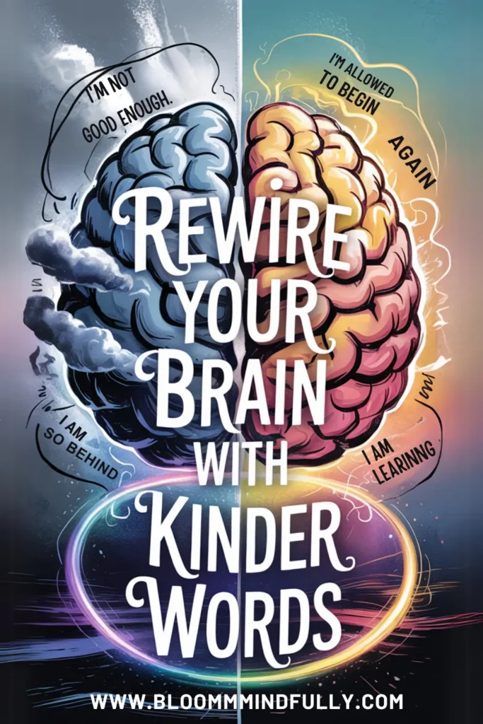 Vibrant brain graphic divided between stormy negative self-talk and empowering affirmations like “I am learning,” visually representing the transformation that comes from rewiring your brain with a growth mindset.