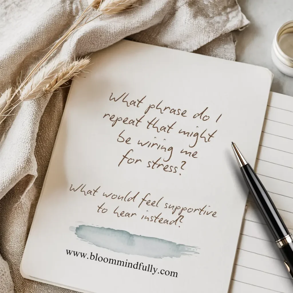 Flat lay of a journal asking, “What phrase do I repeat that might be wiring me for stress?”—a powerful reminder about how to reframe negative self-talk and begin rewiring your brain.