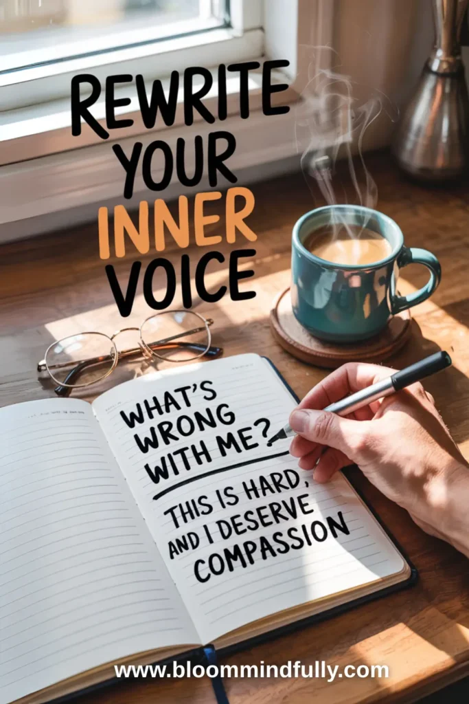 A hand writes in a journal by a sunny window next to a coffee cup, with the prompt “What’s wrong with me?” being transformed into “This is hard, and I deserve compassion,” encouraging a growth mindset and rewiring your brain.