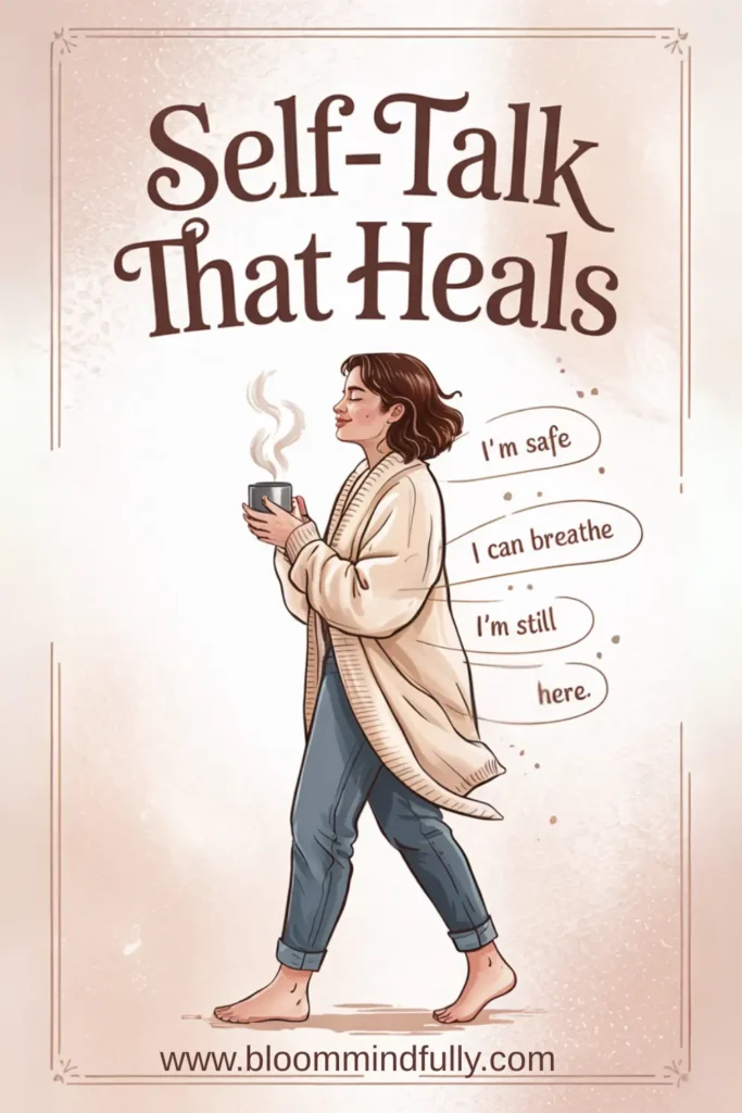 Illustration of a woman calmly walking barefoot in cozy clothes, holding a mug with affirmations like "I'm safe" and "I can breathe" floating beside her, promoting self-talk and emotional regulation for overwhelmed moms.