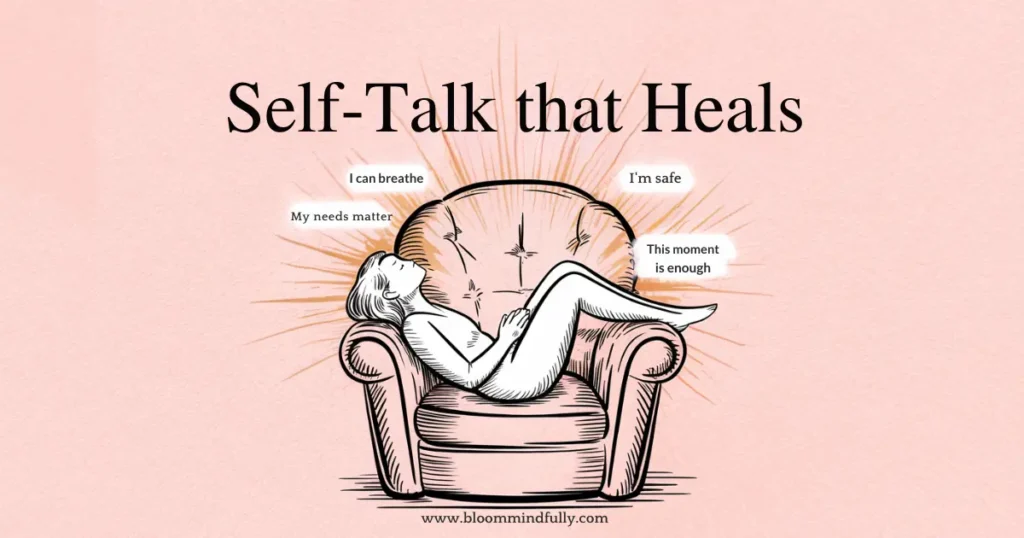 Illustration of a woman resting in an armchair surrounded by calming affirmations like “I can breathe” and “My needs matter,” representing the healing power of self-talk for emotional regulation and support for overwhelmed moms.