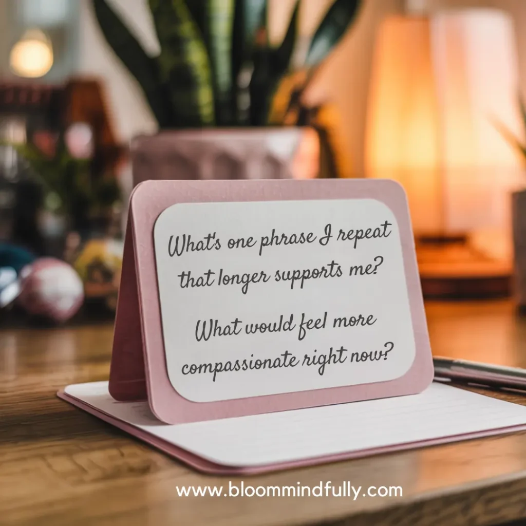 A card with gentle questions invites reflection on more supportive self-talk, offering a mindset reset tool for emotional regulation—ideal for overwhelmed or entrepreneur moms.