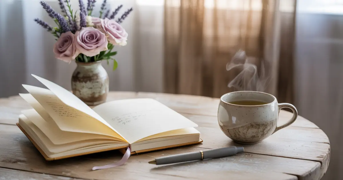 An open journal, pen, and steaming tea sit on a rustic table beside a vase of soft flowers—inviting journaling for self-talk and inner critic journaling prompts to help overwhelmed moms cultivate a compassionate inner voice and shift negative self-talk.