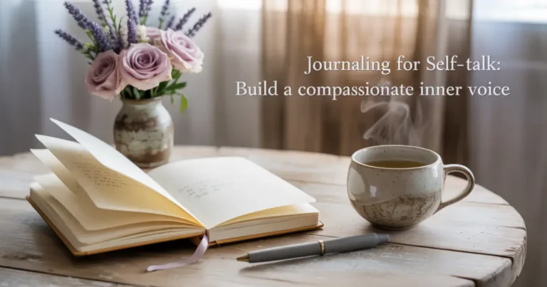 Cozy journaling setup with tea and flowers, featuring the text “Journaling for Self-talk: Build a compassionate inner voice.”
