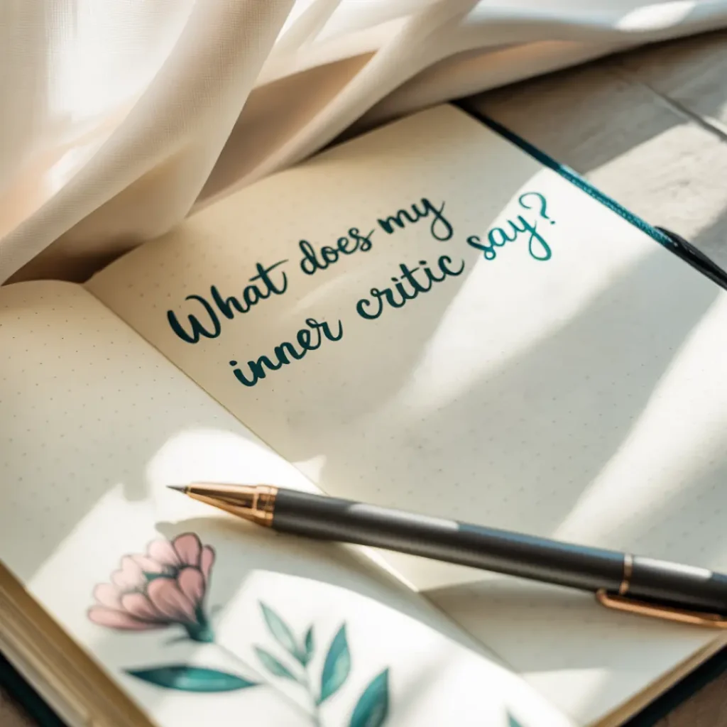 Open journal with text "What does my inner critic say?"
Alt Text: Close-up of a journal page that reads “What does my inner critic say?” with a pen beside it, highlighting inner critic journaling prompts.
